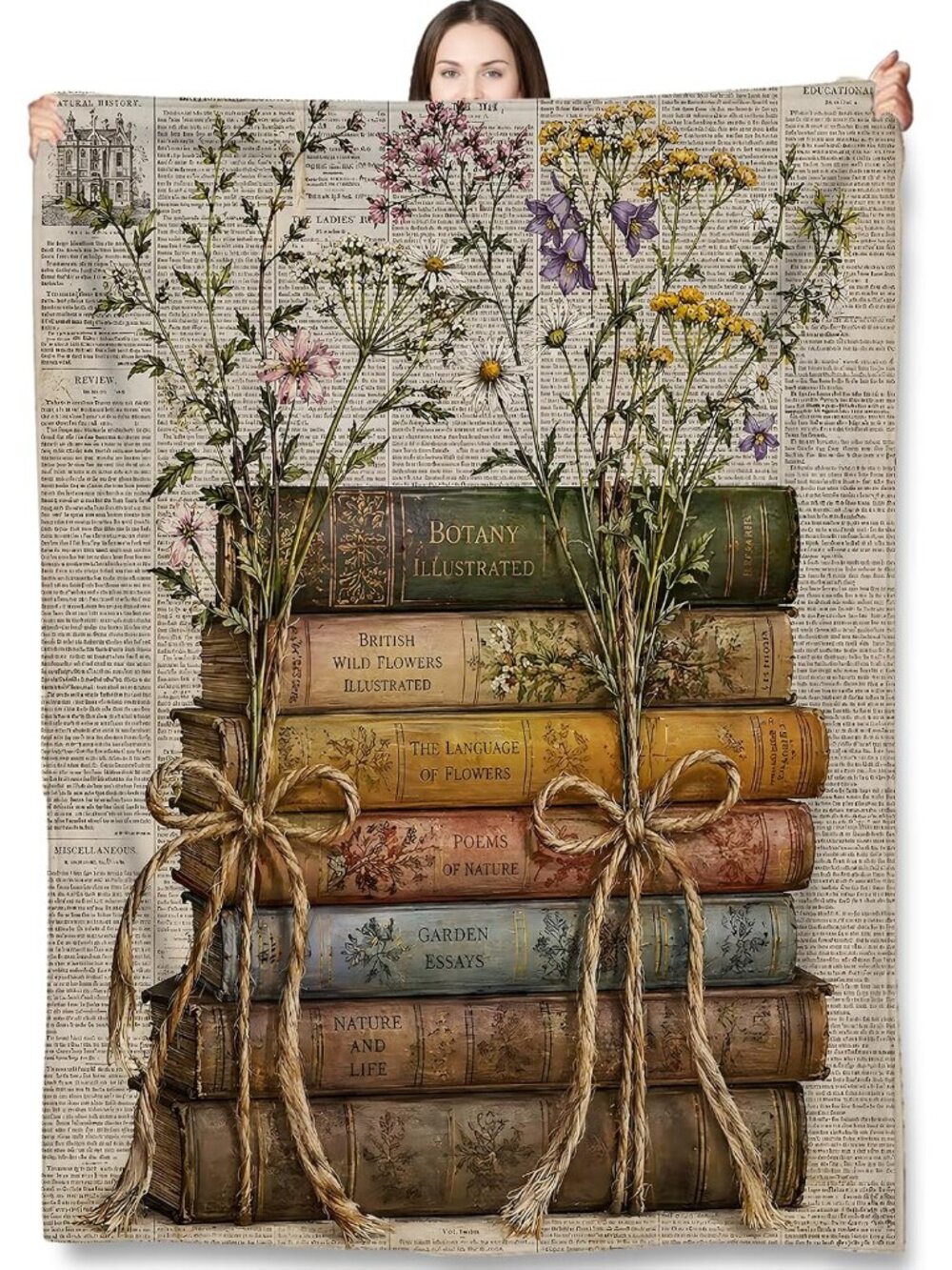 Floral Throw Blanket Gifts for Kids Women, Vintage Botanical Books Wildflower Bl